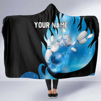 Blue Flame Bowling Ball and Pins Design Hooded Blanket with Smoke Effects and Custom Team Name Text - Wonder Print Shop