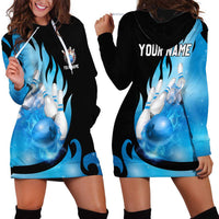 Blue Flame Bowling Ball and Pins Design Hoodie Dress with Smoke Effects and Custom Team Name Text - Wonder Print Shop