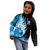 Blue Flame Bowling Ball and Pins Design Kid Hoodie with Smoke Effects and Custom Team Name Text - Wonder Print Shop