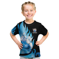 Blue Flame Bowling Ball and Pins Design Kid T Shirt with Smoke Effects and Custom Team Name Text - Wonder Print Shop