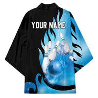 Blue Flame Bowling Ball and Pins Design Kimono with Smoke Effects and Custom Team Name Text - Wonder Print Shop