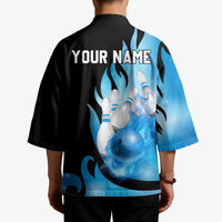 Blue Flame Bowling Ball and Pins Design Kimono with Smoke Effects and Custom Team Name Text - Wonder Print Shop
