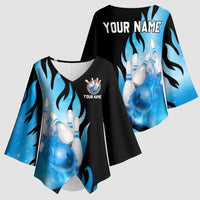 Blue Flame Bowling Ball and Pins Design Kimono Sleeve Blouse with Smoke Effects and Custom Team Name Text - Wonder Print Shop