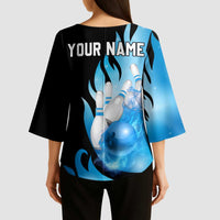 Blue Flame Bowling Ball and Pins Design Kimono Sleeve Blouse with Smoke Effects and Custom Team Name Text - Wonder Print Shop