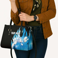 Blue Flame Bowling Ball and Pins Design Leather Bag with Smoke Effects and Custom Team Name Text - Wonder Print Shop