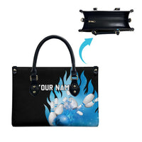 Blue Flame Bowling Ball and Pins Design Leather Bag with Smoke Effects and Custom Team Name Text - Wonder Print Shop