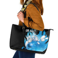 Blue Flame Bowling Ball and Pins Design Leather Tote Bag with Smoke Effects and Custom Team Name Text - Wonder Print Shop