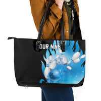 Blue Flame Bowling Ball and Pins Design Leather Tote Bag with Smoke Effects and Custom Team Name Text - Wonder Print Shop