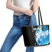 Blue Flame Bowling Ball and Pins Design Leather Tote Bag with Smoke Effects and Custom Team Name Text - Wonder Print Shop