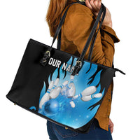Blue Flame Bowling Ball and Pins Design Leather Tote Bag with Smoke Effects and Custom Team Name Text - Wonder Print Shop