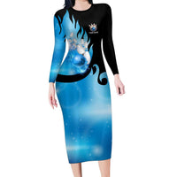Blue Flame Bowling Ball and Pins Design Long Sleeve Bodycon Dress with Smoke Effects and Custom Team Name Text - Wonder Print Shop