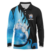 Blue Flame Bowling Ball and Pins Design Long Sleeve Polo Shirt with Smoke Effects and Custom Team Name Text - Wonder Print Shop