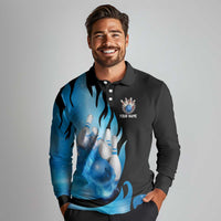 Blue Flame Bowling Ball and Pins Design Long Sleeve Polo Shirt with Smoke Effects and Custom Team Name Text - Wonder Print Shop