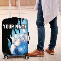 Blue Flame Bowling Ball and Pins Design Luggage Cover with Smoke Effects and Custom Team Name Text - Wonder Print Shop