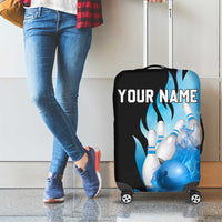 Blue Flame Bowling Ball and Pins Design Luggage Cover with Smoke Effects and Custom Team Name Text - Wonder Print Shop
