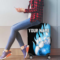 Blue Flame Bowling Ball and Pins Design Luggage Cover with Smoke Effects and Custom Team Name Text - Wonder Print Shop