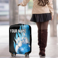 Blue Flame Bowling Ball and Pins Design Luggage Cover with Smoke Effects and Custom Team Name Text - Wonder Print Shop