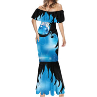 Blue Flame Bowling Ball and Pins Design Mermaid Dress with Smoke Effects and Custom Team Name Text - Wonder Print Shop