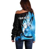 Blue Flame Bowling Ball and Pins Design Off Shoulder Sweater with Smoke Effects and Custom Team Name Text - Wonder Print Shop