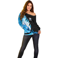 Blue Flame Bowling Ball and Pins Design Off Shoulder Sweater with Smoke Effects and Custom Team Name Text - Wonder Print Shop