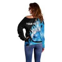 Blue Flame Bowling Ball and Pins Design Off Shoulder Sweater with Smoke Effects and Custom Team Name Text - Wonder Print Shop