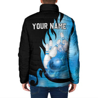 Blue Flame Bowling Ball and Pins Design Padded Jacket with Smoke Effects and Custom Team Name Text - Wonder Print Shop
