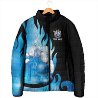 Blue Flame Bowling Ball and Pins Design Padded Jacket with Smoke Effects and Custom Team Name Text - Wonder Print Shop