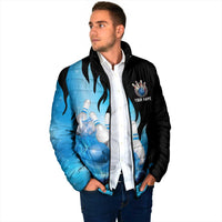 Blue Flame Bowling Ball and Pins Design Padded Jacket with Smoke Effects and Custom Team Name Text - Wonder Print Shop