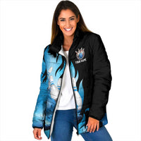 Blue Flame Bowling Ball and Pins Design Padded Jacket with Smoke Effects and Custom Team Name Text - Wonder Print Shop