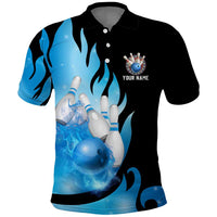 Blue Flame Bowling Ball and Pins Design Polo Shirt with Smoke Effects and Custom Team Name Text - Wonder Print Shop