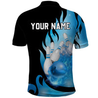 Blue Flame Bowling Ball and Pins Design Polo Shirt with Smoke Effects and Custom Team Name Text - Wonder Print Shop