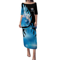 Blue Flame Bowling Ball and Pins Design Puletasi with Smoke Effects and Custom Team Name Text - Wonder Print Shop