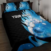 Blue Flame Bowling Ball and Pins Design Quilt Bed Set with Smoke Effects and Custom Team Name Text - Wonder Print Shop