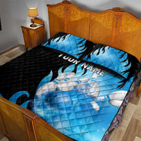 Blue Flame Bowling Ball and Pins Design Quilt Bed Set with Smoke Effects and Custom Team Name Text - Wonder Print Shop