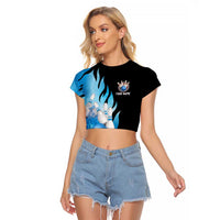 Blue Flame Bowling Ball and Pins Design Raglan Cropped T Shirt with Smoke Effects and Custom Team Name Text - Wonder Print Shop