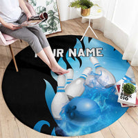 Blue Flame Bowling Ball and Pins Design Round Carpet with Smoke Effects and Custom Team Name Text - Wonder Print Shop