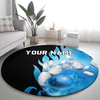 Blue Flame Bowling Ball and Pins Design Round Carpet with Smoke Effects and Custom Team Name Text - Wonder Print Shop