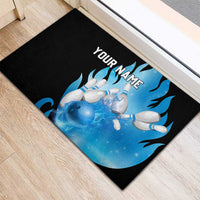 Blue Flame Bowling Ball and Pins Design Rubber Doormat with Smoke Effects and Custom Team Name Text - Wonder Print Shop