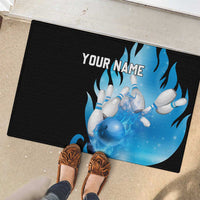 Blue Flame Bowling Ball and Pins Design Rubber Doormat with Smoke Effects and Custom Team Name Text - Wonder Print Shop