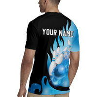 Blue Flame Bowling Ball and Pins Design Rugby Jersey with Smoke Effects and Custom Team Name Text - Wonder Print Shop