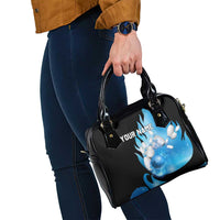 Blue Flame Bowling Ball and Pins Design Shoulder Handbag with Smoke Effects and Custom Team Name Text - Wonder Print Shop