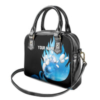 Blue Flame Bowling Ball and Pins Design Shoulder Handbag with Smoke Effects and Custom Team Name Text - Wonder Print Shop