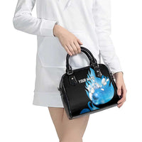 Blue Flame Bowling Ball and Pins Design Shoulder Handbag with Smoke Effects and Custom Team Name Text - Wonder Print Shop