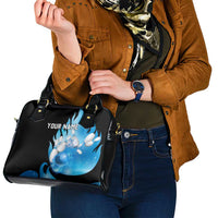 Blue Flame Bowling Ball and Pins Design Shoulder Handbag with Smoke Effects and Custom Team Name Text - Wonder Print Shop