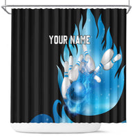 Blue Flame Bowling Ball and Pins Design Shower Curtain with Smoke Effects and Custom Team Name Text - Wonder Print Shop
