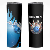Blue Flame Bowling Ball and Pins Design Skinny Tumbler with Smoke Effects and Custom Team Name Text - Wonder Print Shop