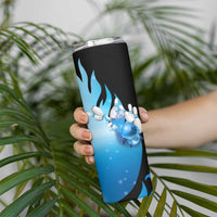 Blue Flame Bowling Ball and Pins Design Skinny Tumbler with Smoke Effects and Custom Team Name Text - Wonder Print Shop