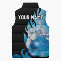 Blue Flame Bowling Ball and Pins Design Sleeveless Puffer Jacket with Smoke Effects and Custom Team Name Text - Wonder Print Shop