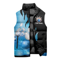 Blue Flame Bowling Ball and Pins Design Sleeveless Puffer Jacket with Smoke Effects and Custom Team Name Text - Wonder Print Shop