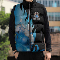 Blue Flame Bowling Ball and Pins Design Sleeveless Puffer Jacket with Smoke Effects and Custom Team Name Text - Wonder Print Shop